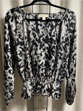 Michael Kors Black and White Leopard-Print Peplum Blouse - V-Neck